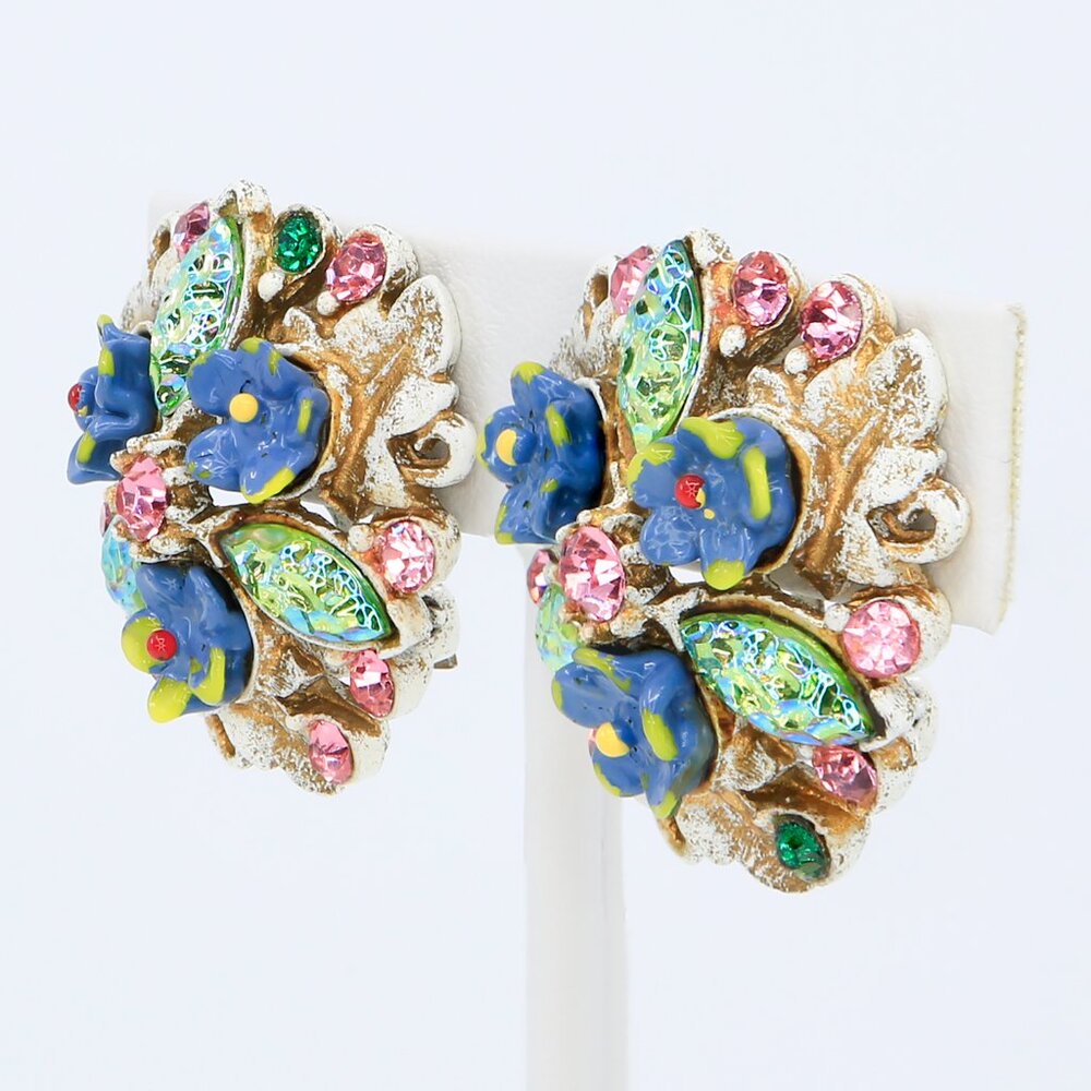 Rare Vintage Florenza Floral Art Glass Antiqued French Clip-On Earrings 1960s - Picture 2 of 5